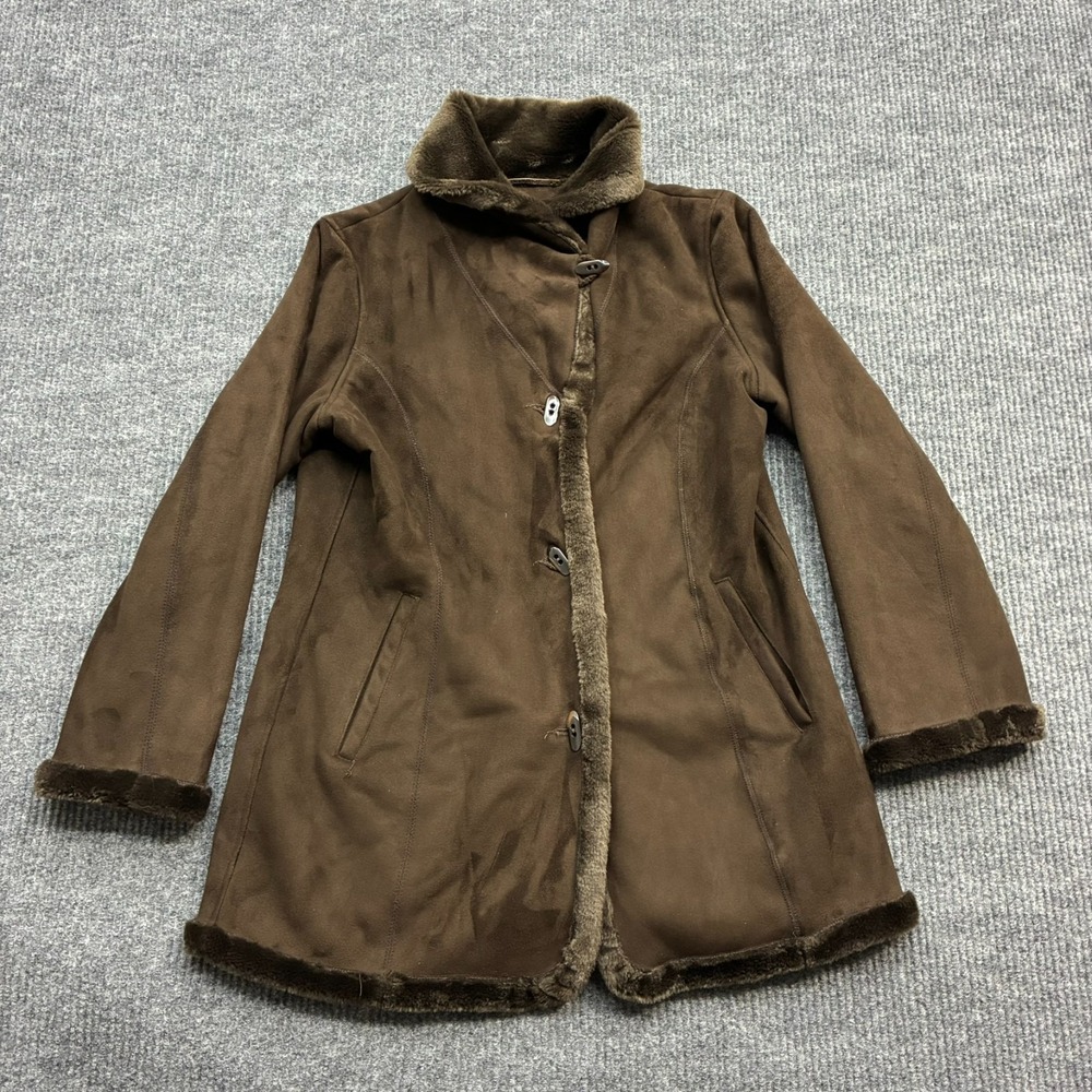 Jones New York Womens L Brown Faux Suede Shearling Coat Faux Fur Lined Toggle